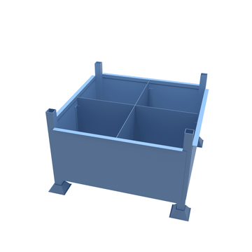 Stillage unit featuring removable partitions to create 1, 2 or 4 smaller storage areas, perfect for heavy loads